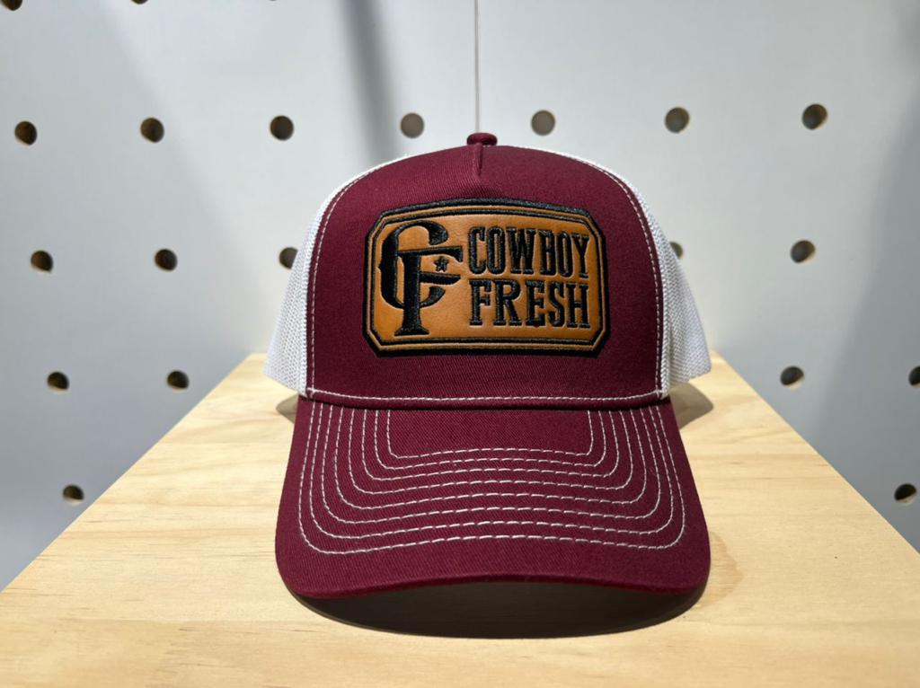 Custom Leather Patch Hat with Your Logo - Trucker Baseball Hats, Maroon/Whiteat Holtz Leather